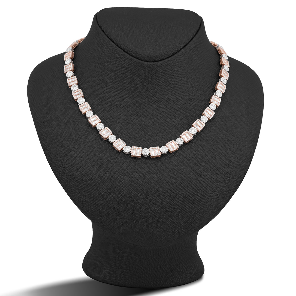 8MM 10k Rose/White Gold Square Round Link 15.28CTW Natural Round/Baguette Diamond Tennis 22" Chain 65.9gms Necklace