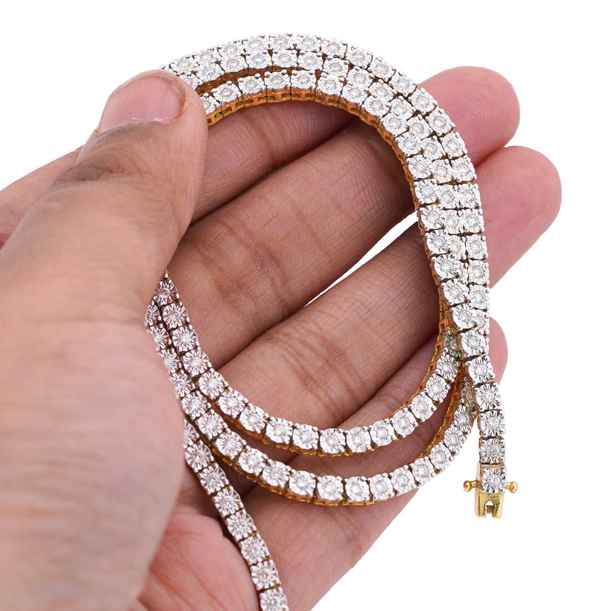 3MM 10k Yellow Gold 3CTW Natural Diamond Illusion Tennis Chain 20" Necklace 24.8gms