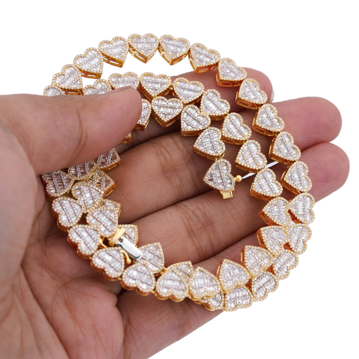 7.5MM 10k Yellow Gold 6.81CTW Natural Diamond Heart Shape Baguette/Round 18" Womens Necklace 35.3gms Chain