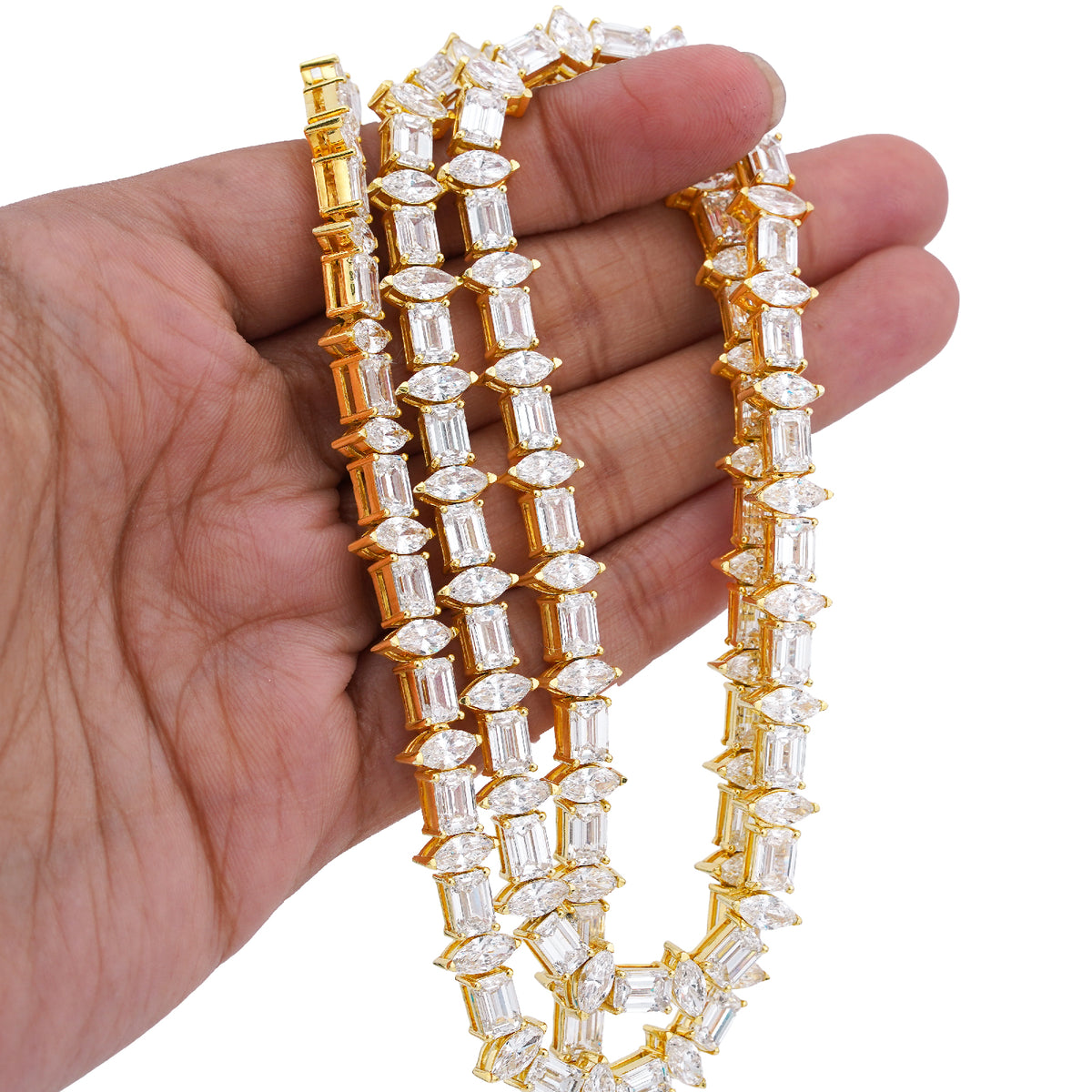 8MM 10k Yellow Gold 80CTW 75 Pointer Emerald/Marquise Solitaire Lab Diamond 24" Tennis Chain 54.6gms Necklace