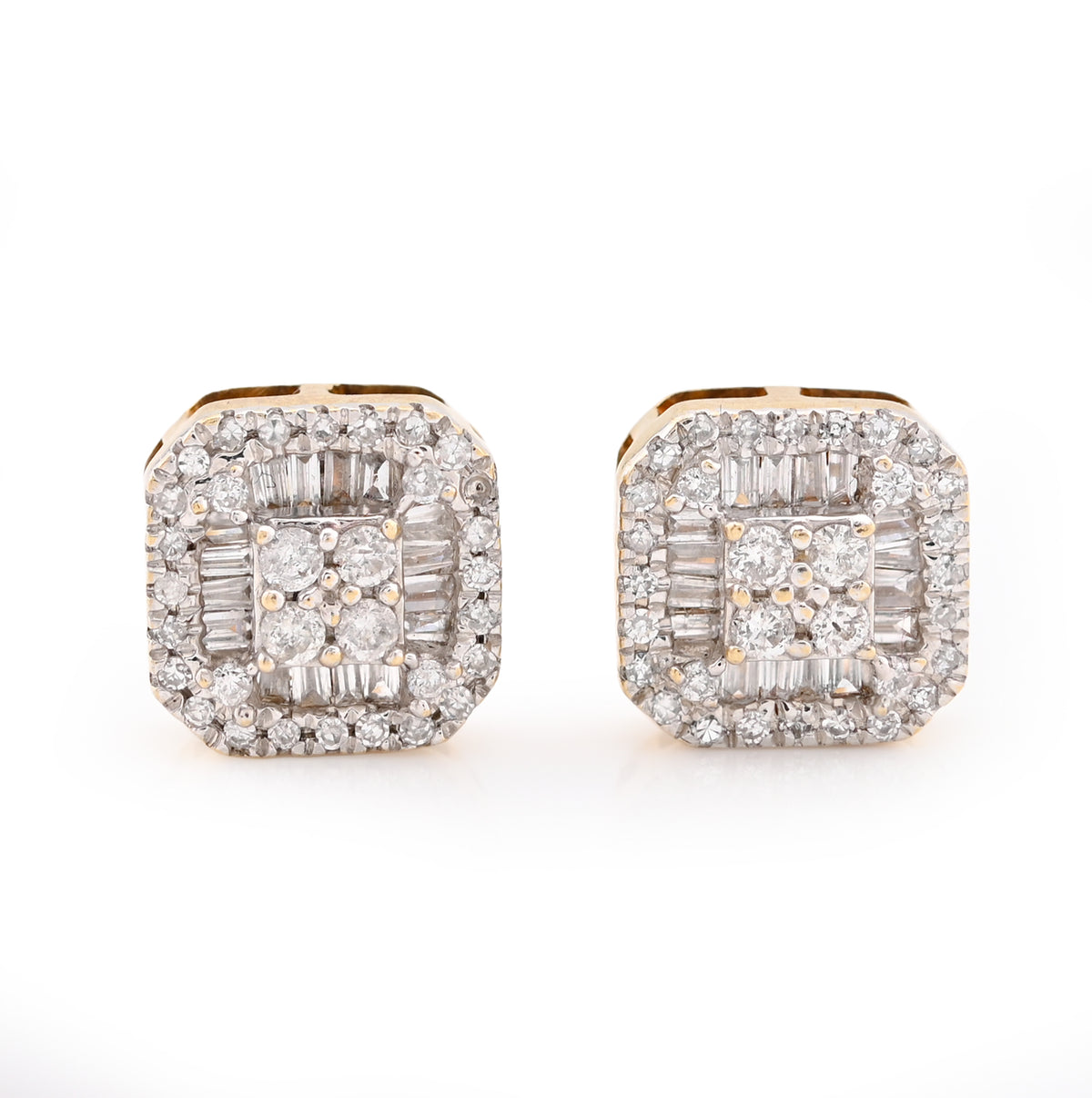 10k White Gold 0.22CTW Natural Diamond Round/Baguette Rectangular Shape Earrings Stud 3g