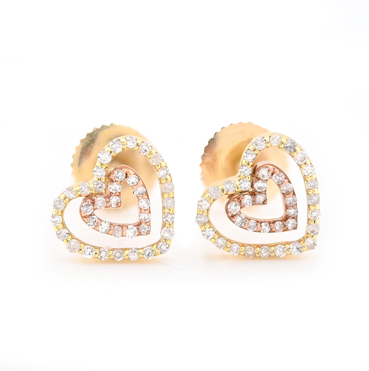 10k Yellow/Rose Gold 0.20CTW Natural Diamond Dual Heart Shape Women Earring Studs 1.3g