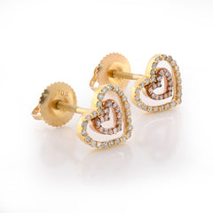 10k Yellow/Rose Gold 0.20CTW Natural Diamond Dual Heart Shape Women Earring Studs 1.3g