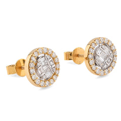 10k Yellow Gold 1.03CTW Round/Baguette Natural Diamond Circular Cluster Shape Earrings Studs 4.9g