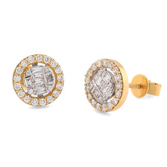 10k Yellow Gold 1.03CTW Round/Baguette Natural Diamond Circular Cluster Shape Earrings Studs 4.9g