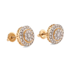 14k Yellow Gold 1.25CTW Natural Diamond Round Cluster Halo Shape Earrings Studs 3.6gms