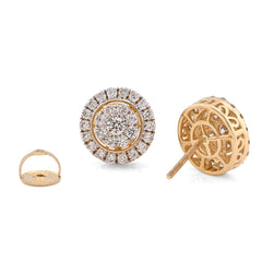 14k Yellow Gold 1.25CTW Natural Diamond Round Cluster Halo Shape Earrings Studs 3.6gms