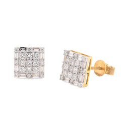 10k Yellow Gold 1.26CTW Round/Baguette Natural Diamond Square Cluster Studs Earrings 3.2g