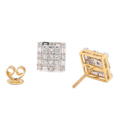 10k Yellow Gold 1.26CTW Round/Baguette Natural Diamond Square Cluster Studs Earrings 3.2g