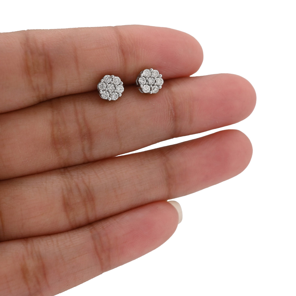 10k White Gold 0.50CTW Natural Diamond Flower Studs Men Women Cluster Earrings 1.3g