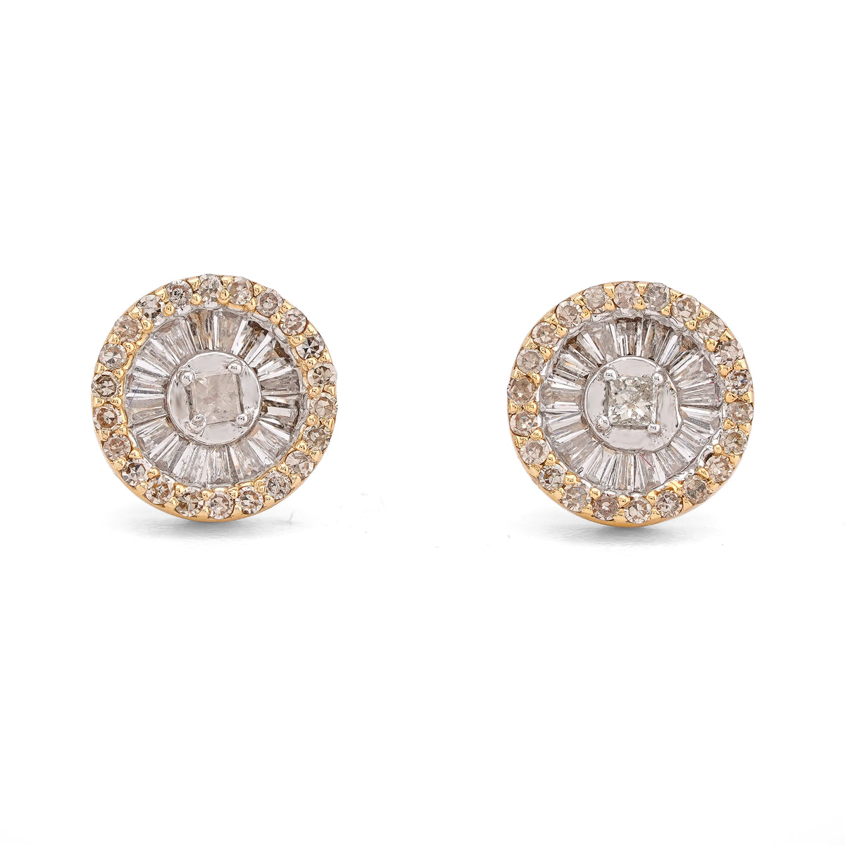 10k Yellow Gold 0.50CTW Round Shape Centre Baguette Natural Diamond Earring 2gm Stud
