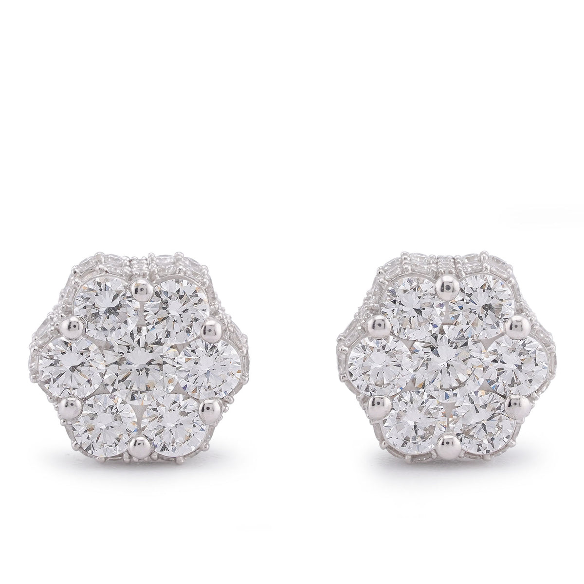 10k White Gold 4.06CTW 7 Stone Side Round Lab Diamond Flower Cluster Unisex Stud Earring 5.4gm
