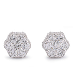 10k White Gold 4.06CTW 7 Stone Side Round Lab Diamond Flower Cluster Unisex Stud Earring 5.4gm