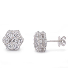 10k White Gold 4.06CTW 7 Stone Side Round Lab Diamond Flower Cluster Unisex Stud Earring 5.4gm