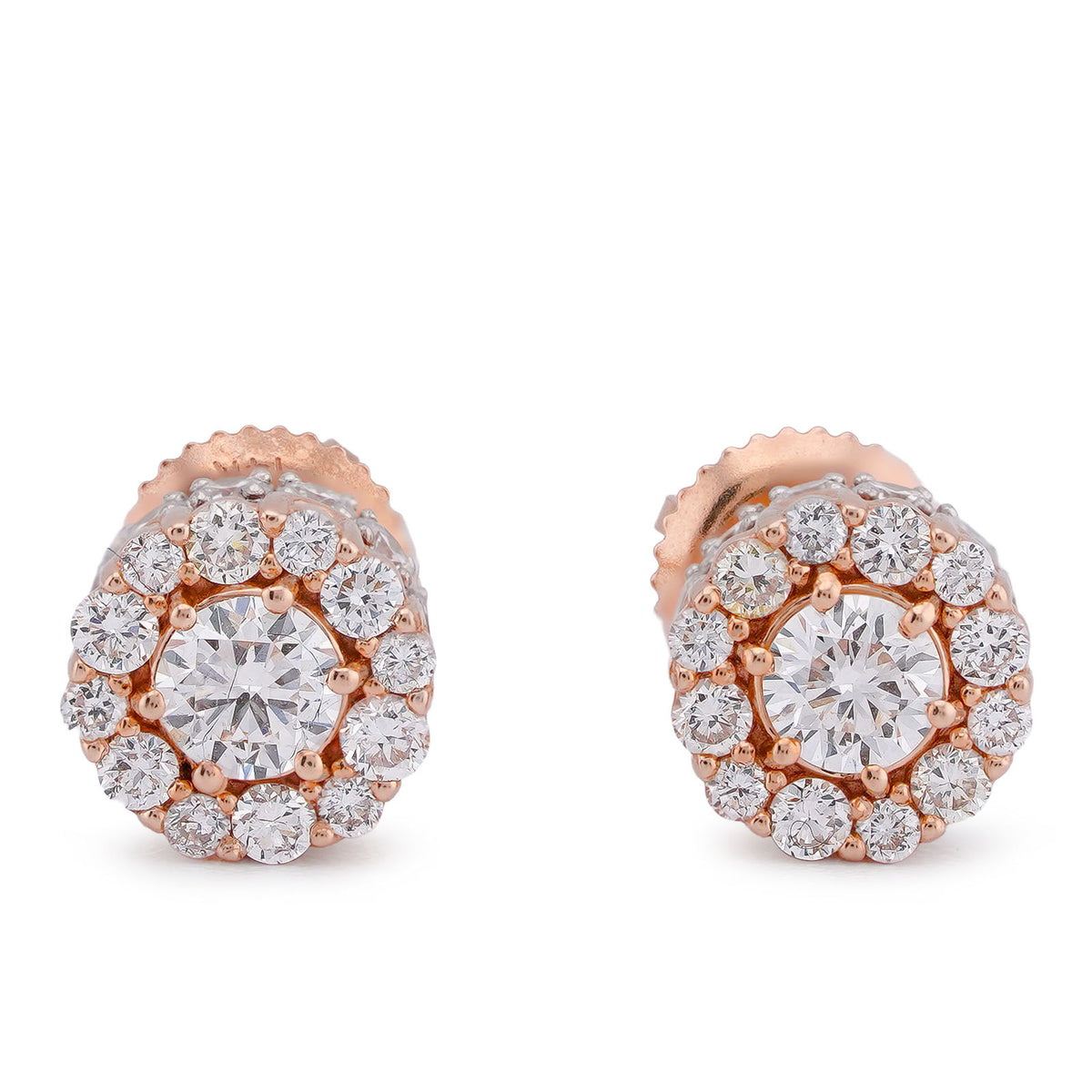 14k Rose Gold 1.14CTW Flower Cluster Round Centre Solitaire Lab Diamond Earring 2.4gm Stud