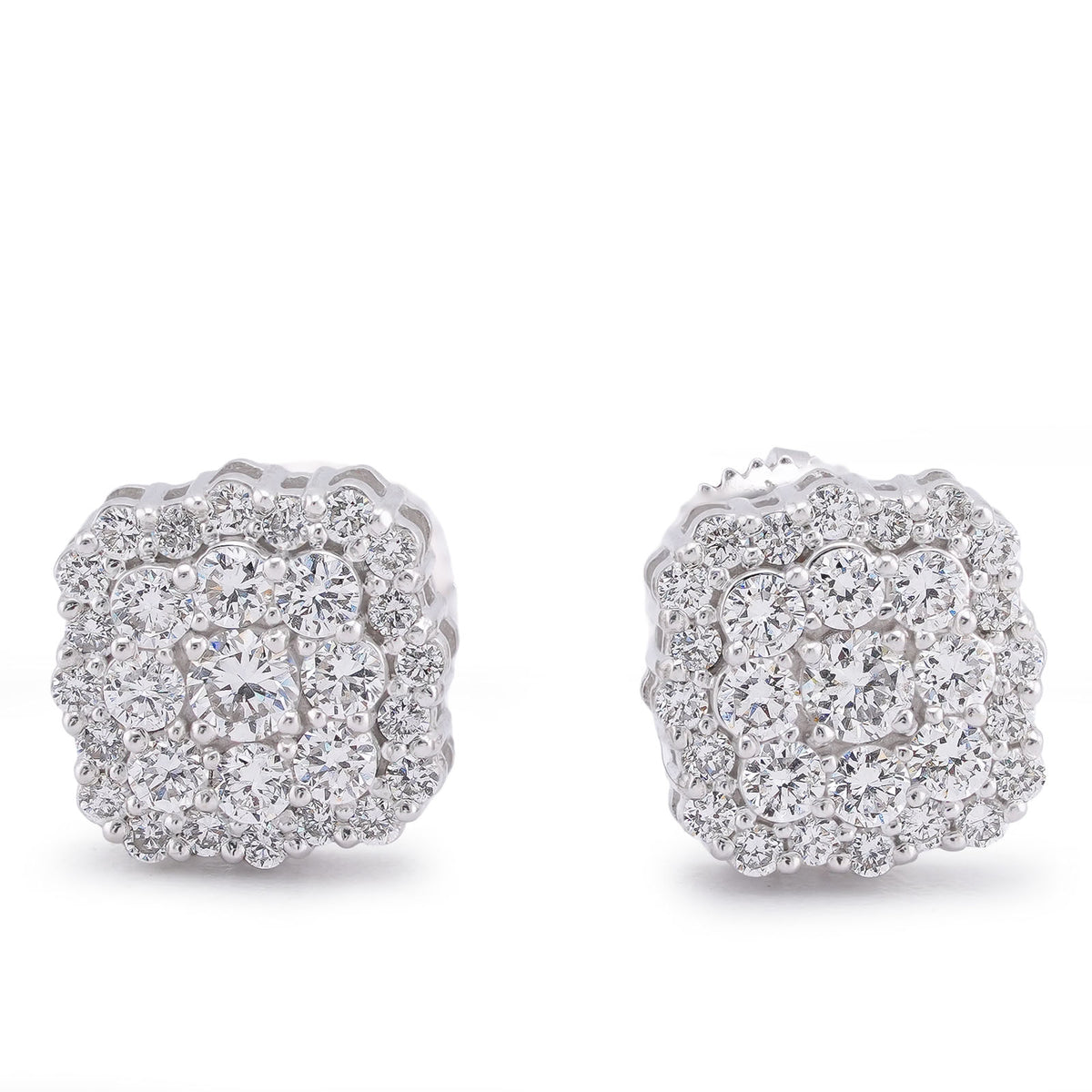 14k White Gold Square Shape Cluster Lab Diamond 0.62CTW Men Women Earrings 2gm Stud