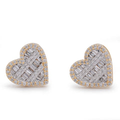 Womens 10k Yellow Gold 0.40CTW Natural Round/Baguette Diamond Heart Shape Baguette Earring Studs 2.8gms