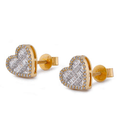 Womens 10k Yellow Gold 0.40CTW Natural Round/Baguette Diamond Heart Shape Baguette Earring Studs 2.8gms