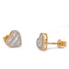 Womens 10k Yellow Gold 0.40CTW Natural Round/Baguette Diamond Heart Shape Baguette Earring Studs 2.8gms