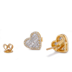 Womens 10k Yellow Gold 0.40CTW Natural Round/Baguette Diamond Heart Shape Baguette Earring Studs 2.8gms