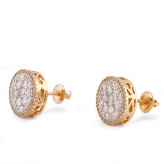 14k Yellow Gold 2CTW Natural Diamond Halo Flower Cluster Round Shape Earrings 3.2gms Studs