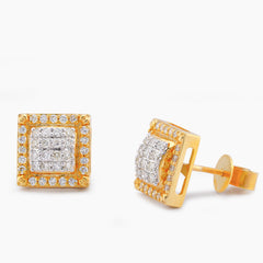 10k Yellow Gold 0.74CTW Natural Diamond Square Shape Bulge Round Top Earrings 4gms Studs