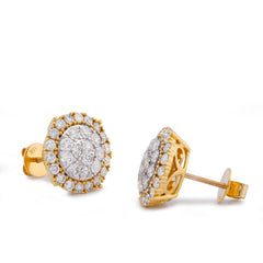 10k Yellow Gold 2.78CTW Natural Diamond Halo Cluster Flower Men Women Big Earrings 5.8gms