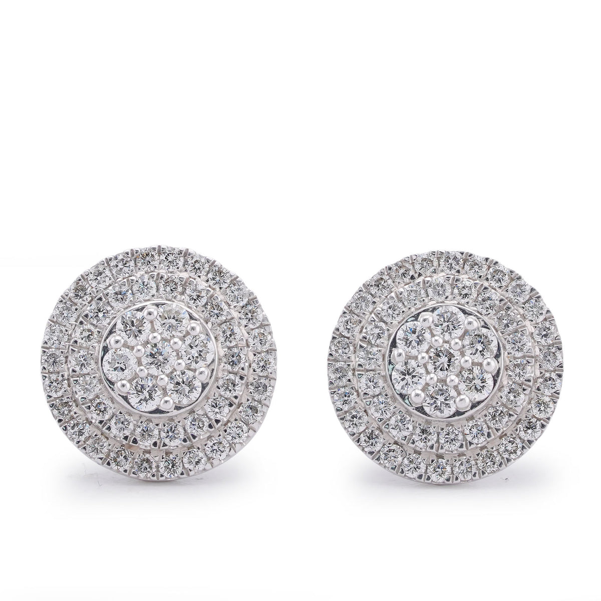 10k White Gold 1.09CTW Natural Diamond 3 Halo Flower Cluster Earrings 3.7gms Studs