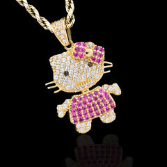 Ladies 14k Yellow Gold Cubic Zirconia Hello Kitty Pendant 3gm Cute Hip Hop Charm