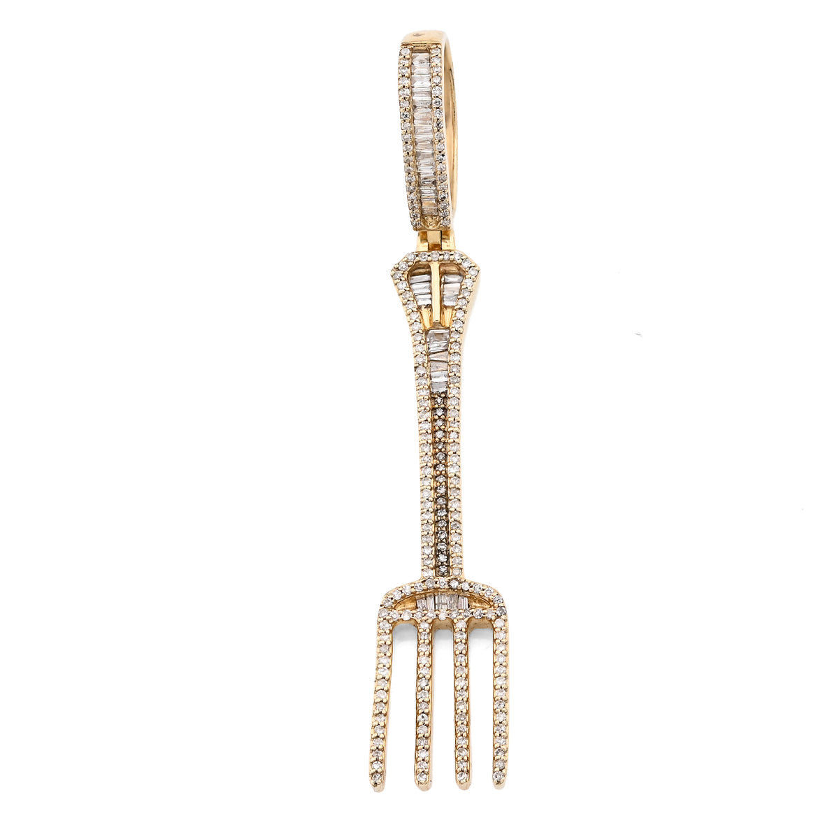 10k Yellow Gold 0.70CTW Natural Diamond Round/Baguette Fork Pendant 7.8gm Charm