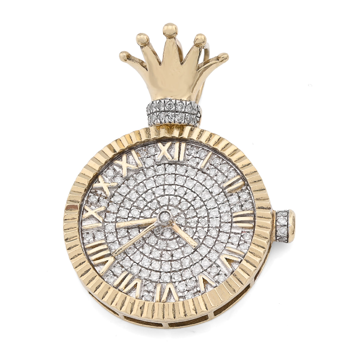 10k Yellow Gold 1CTW Natural Diamond Clock Roman Dial Crown Pendant 7.8gms Charm