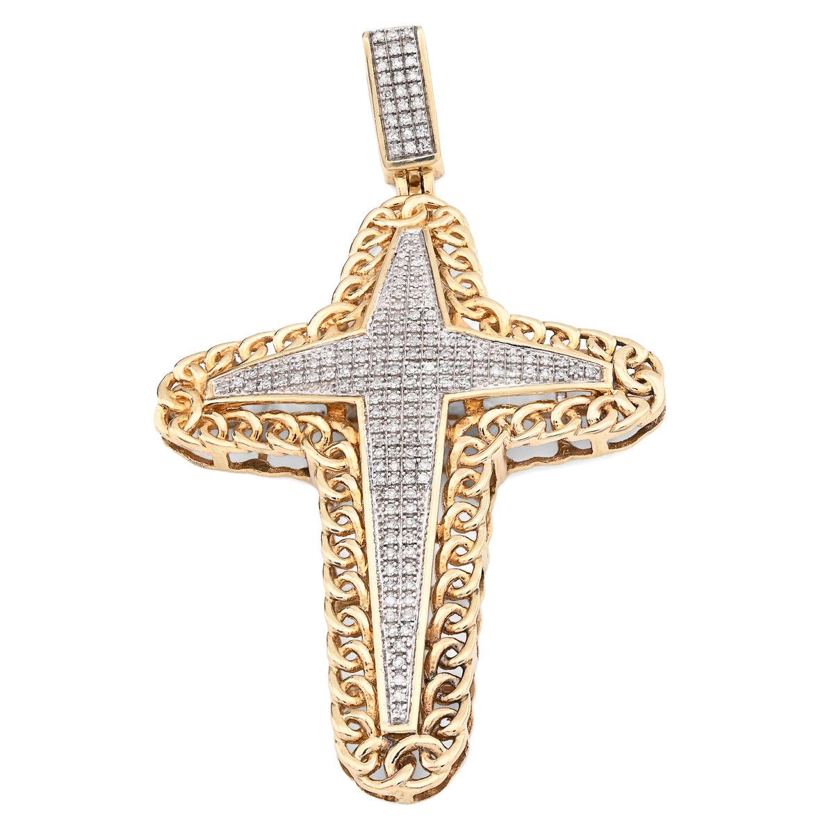 10k Yellow Gold 0.50CTW Natural Diamond Chain Link Edge Cross Charm 8.8g Pendant
