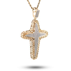 10k Yellow Gold 0.50CTW Natural Diamond Chain Link Edge Cross Charm 8.8g Pendant