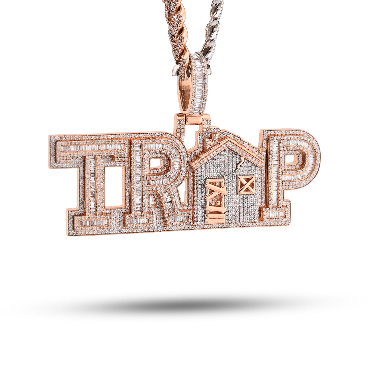 10k Rose Gold Trap House Custom Pendant 4.03 CTW Round/Baguette Charm 28.7gm