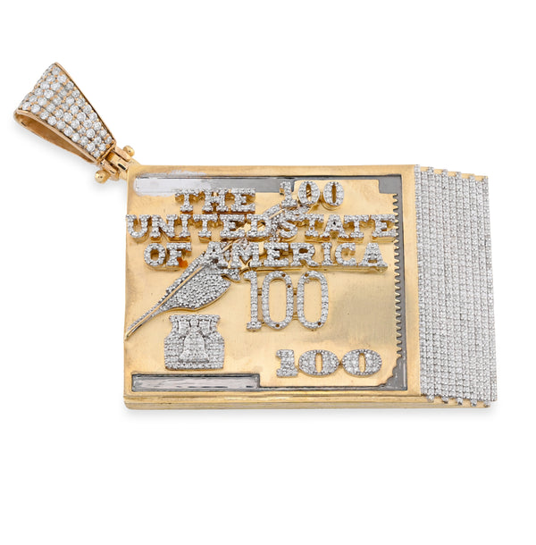 10k Yellow Gold "USA 100$" Bill 3.5CTW Natural Diamond Mens Charm 36.5gm Pendant