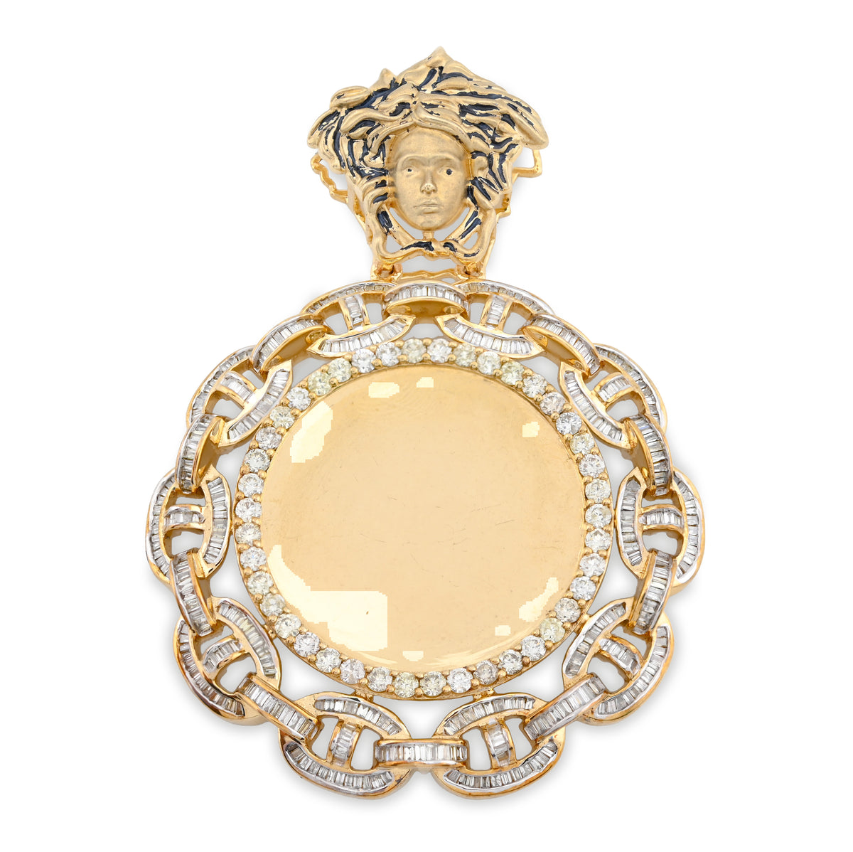 10k Yellow Gold Baguette Cuban Link Medusa 4.18CTW Diamond 21gms Picture Pendant