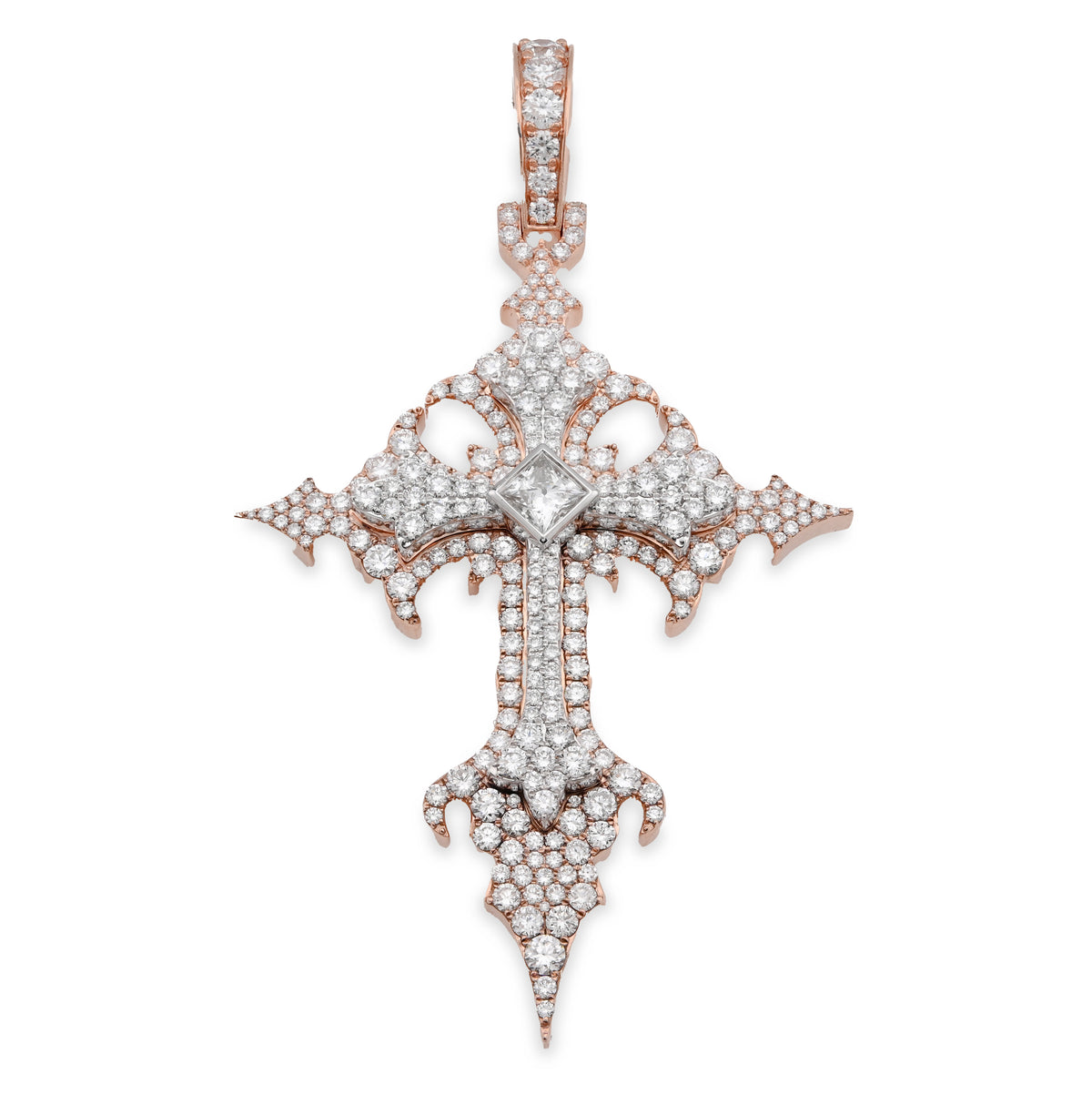 925 Rose Princess Cut Solitaire 7.83 CTW Lab Diamond Cross Pendant 37.6gms Charm