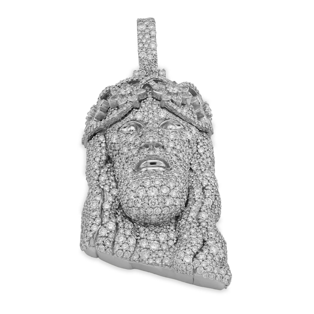 925 All White Jesus Head Pendant 14.91CTW Lab Diamond Flower Crown Mens Charm 41.6g