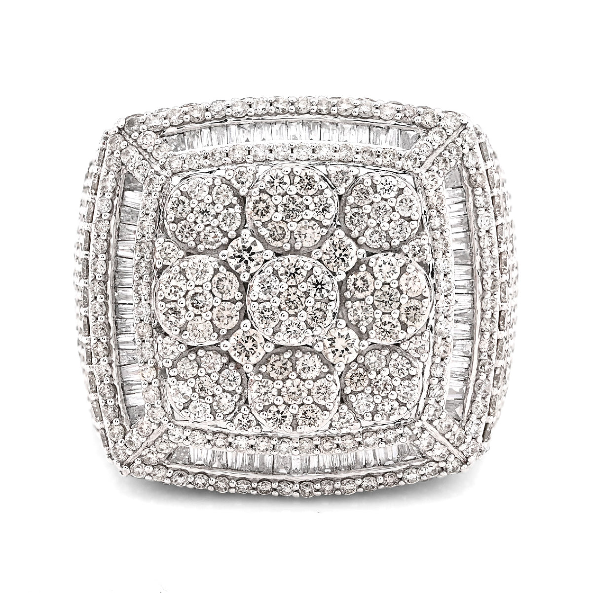 10k White Gold 5.76CTW Pure Round/Baguette Diamond Flower Square Ring 15.1g Band