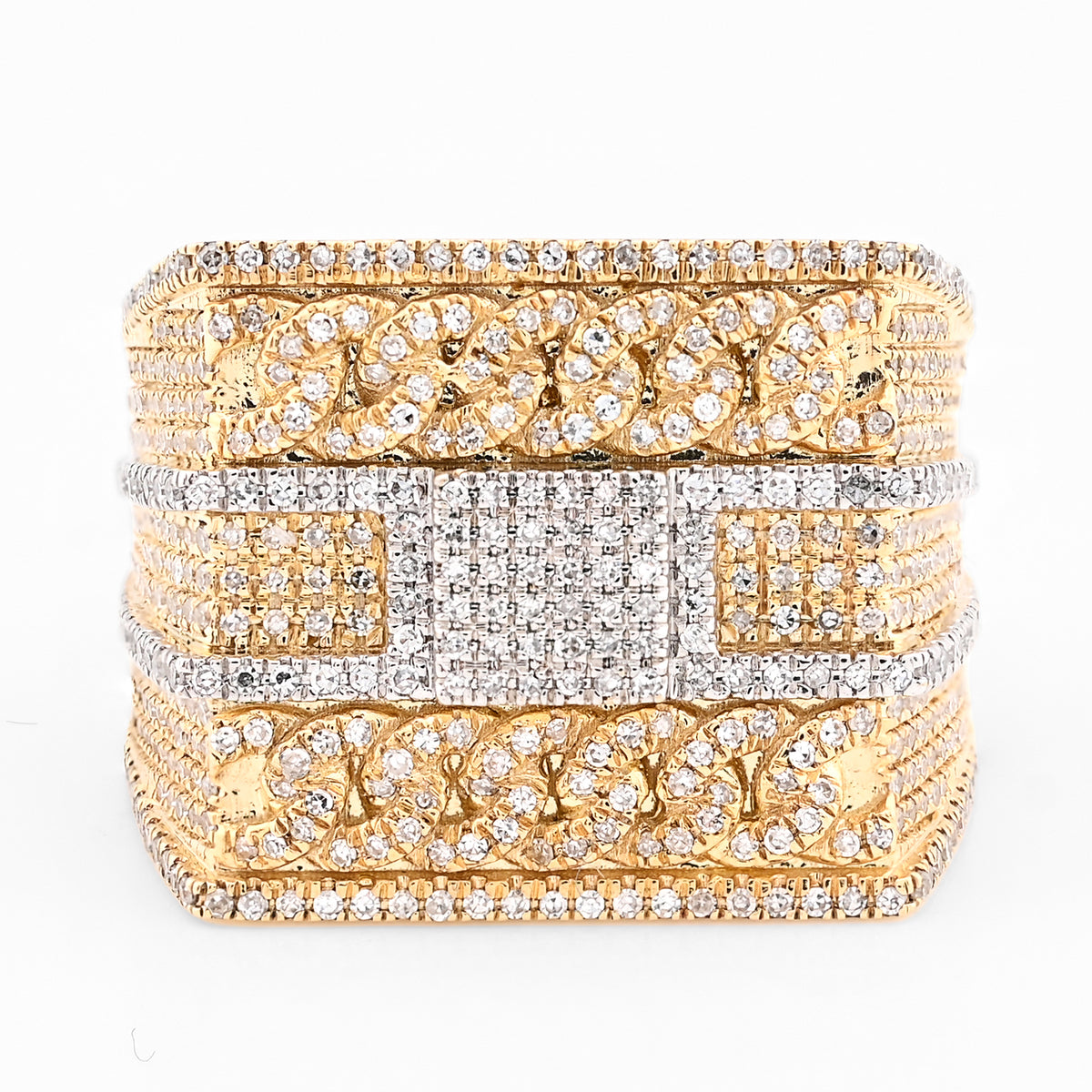 10k Yellow Gold 2.5CTW Natural Diamond Two Row Cuban Link Mens Ring 10gms Band
