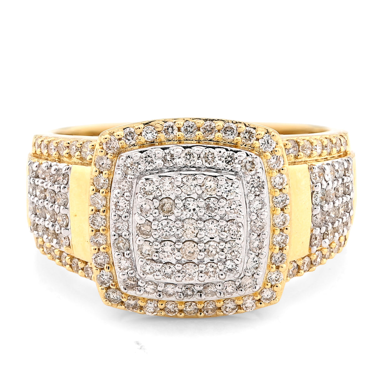 Mens 10k Yellow/White Gold 1.01CTW Natural Diamond Cluster Square Ring 7.1g Band