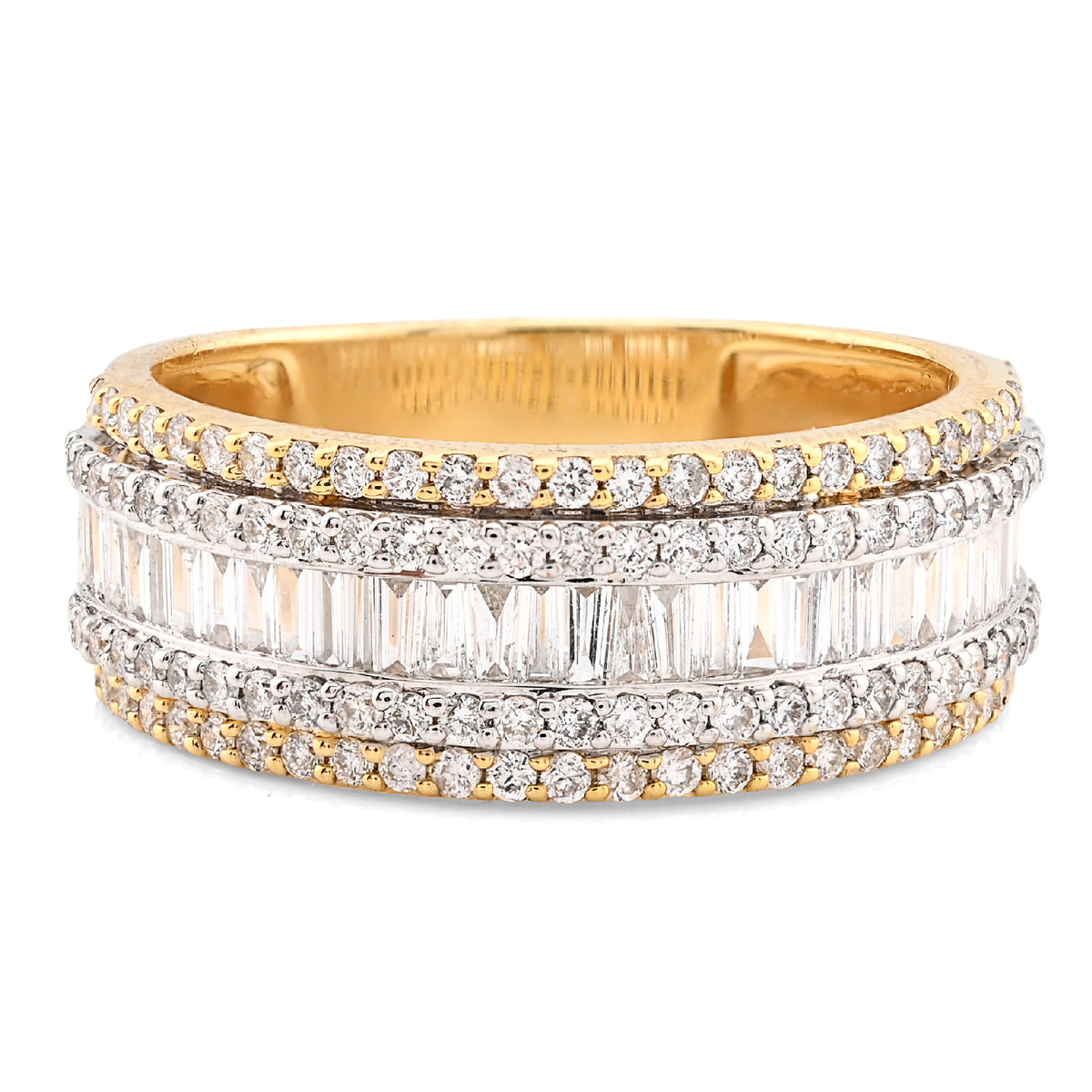 10k Yellow Gold 2.5CTW Natural Round/Baguette Multi-Row Diamond Ring 6.8gms Band
