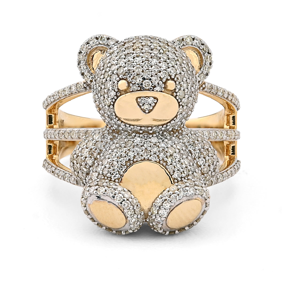 Ladies 10k Yellow Gold 7.2g 1.21CTW Natural Round Diamond Teddy Bear Ring Size 7