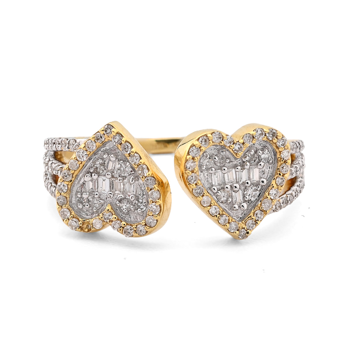 Ladies 10k Yellow Gold 2.6g 0.34CTW Natural Round/Baguette 2 Hearts Diamond Ring