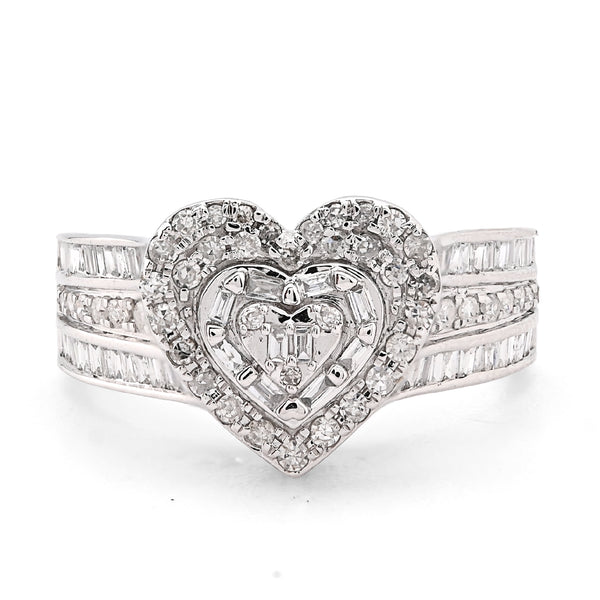 Ladies 10k White Gold 3.6g 0.75CTW Natural Round/Baguette 3 Hearts Diamond Ring