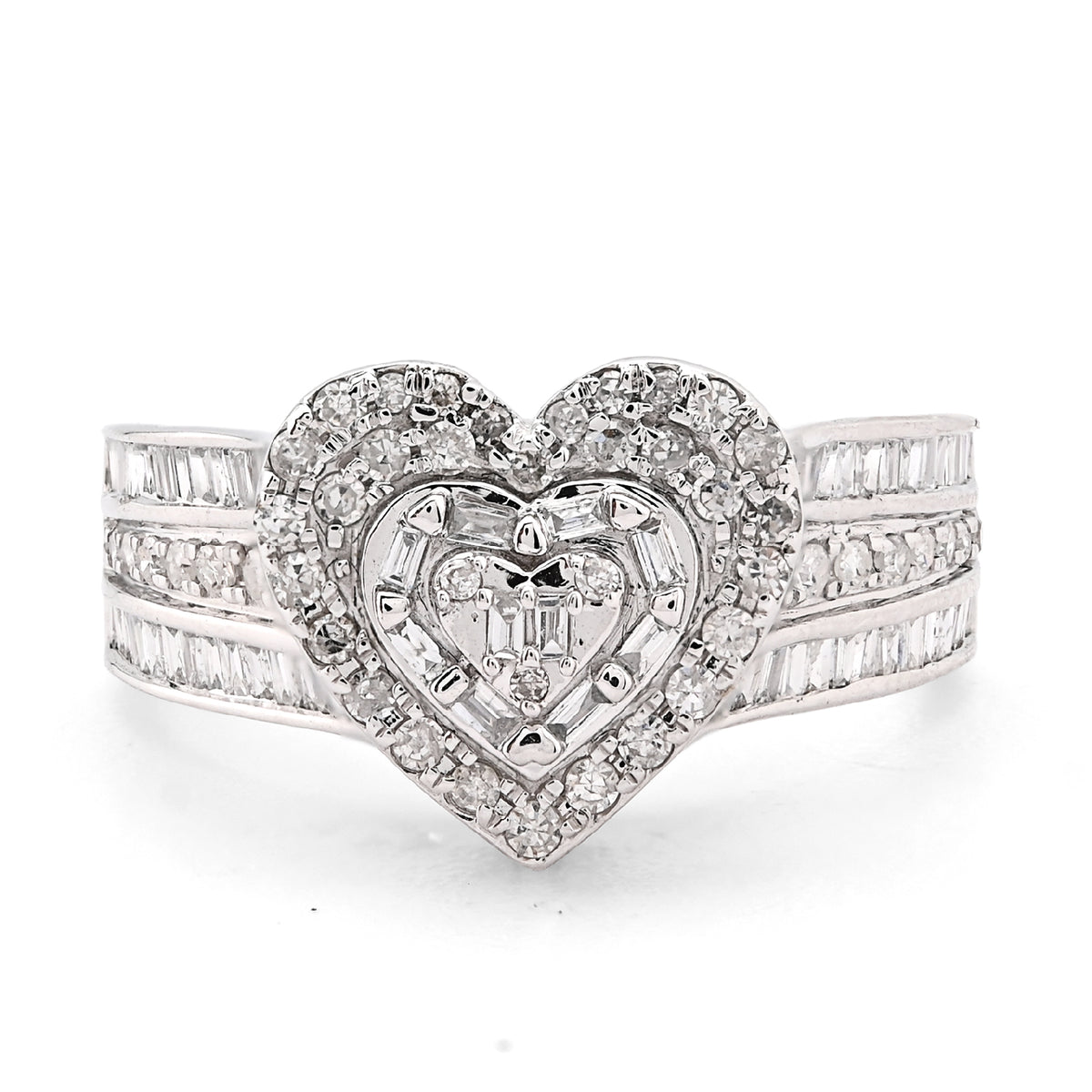 Ladies 10k White Gold 3.6g 0.75CTW Natural Round/Baguette 3 Hearts Diamond Ring