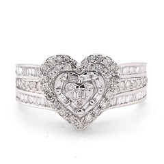 Ladies 10k White Gold 3.6g 0.75CTW Natural Round/Baguette 3 Hearts Diamond Ring