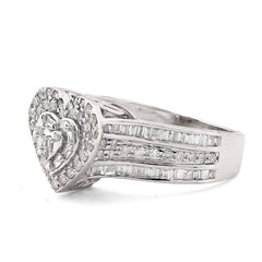 Ladies 10k White Gold 3.6g 0.75CTW Natural Round/Baguette 3 Hearts Diamond Ring