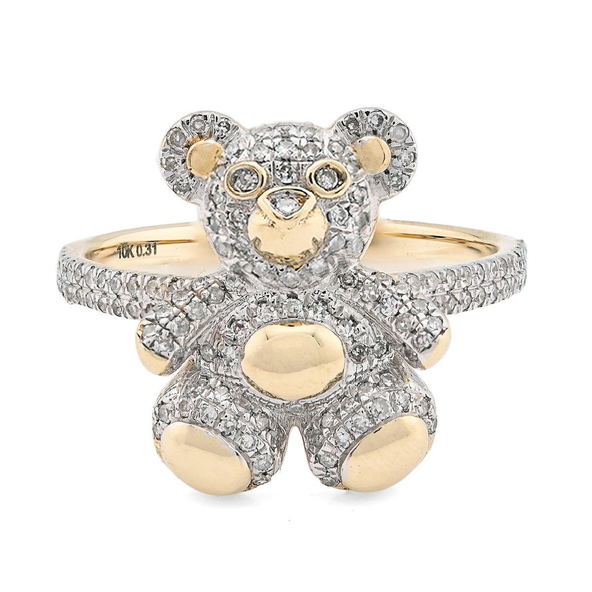 10k Yellow Gold 0.31CTW Natural Diamond Cute Teddy Bear 3.2gms Womens Ring