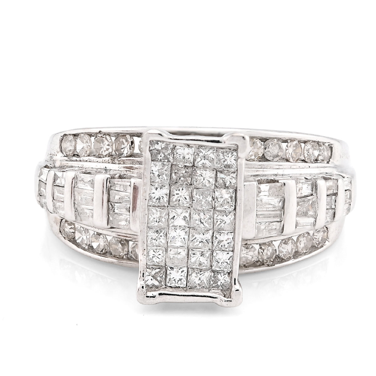 10k White Gold 1.0CTW 4.4g Natural Round/Baguette Diamond Rectangular Women Ring